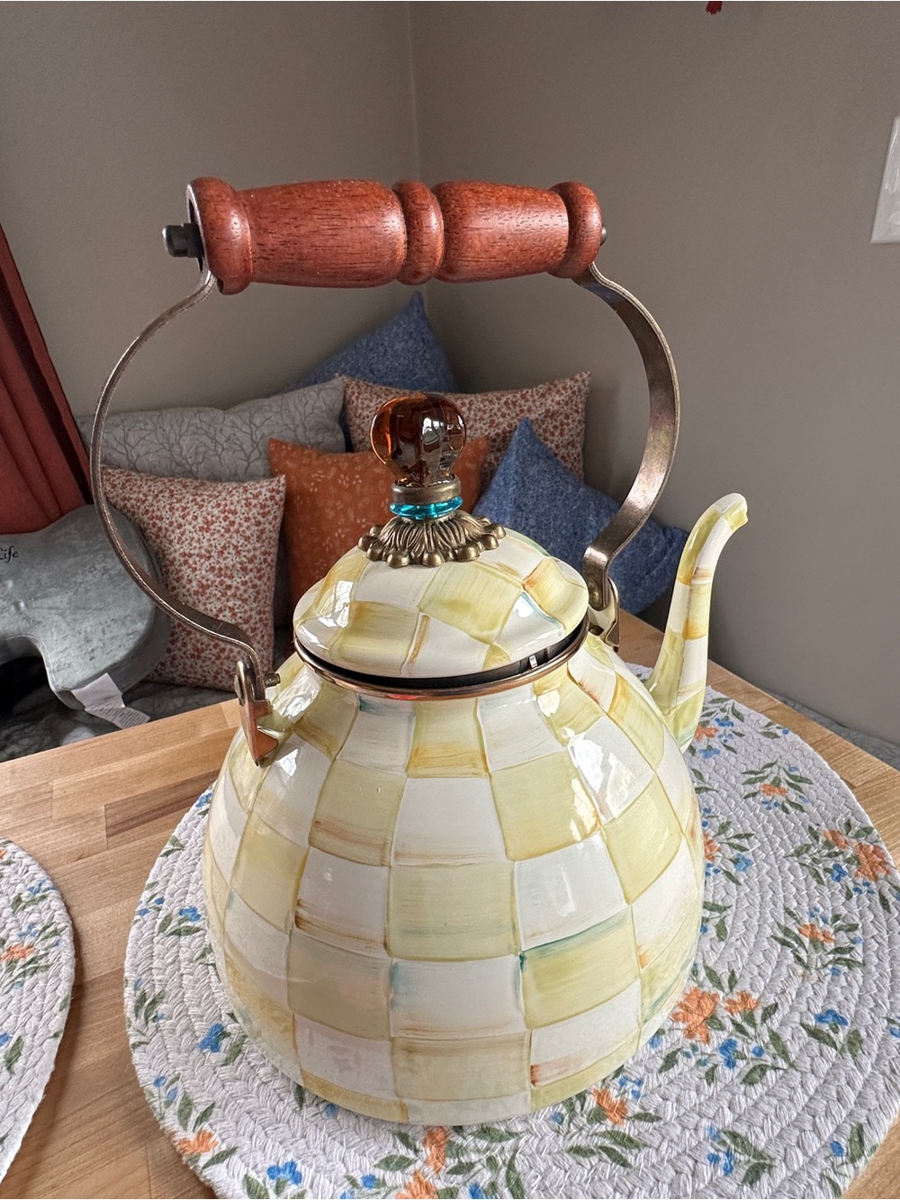 Mackenzie Childs 3 quart Parchment Check Tea Kettle- Retired Pattern - Picture 3 of 7